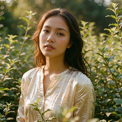 Vietnamese woman in a pale silk tunic in a quiet garden