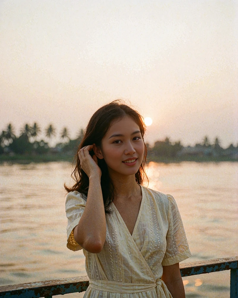 Vietnamese woman in a cream wrap dress smiling at a riverside railing at dusk