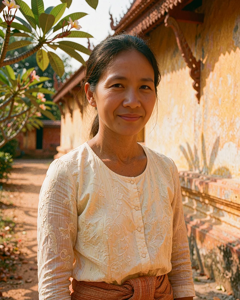 Lao woman in a cream blouse and woven terracotta skirt standing in a quiet temple lane