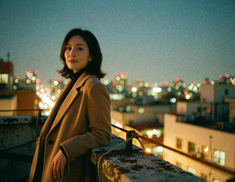 Stylish Korean woman in a camel coat on a rooftop terrace overlooking the city
