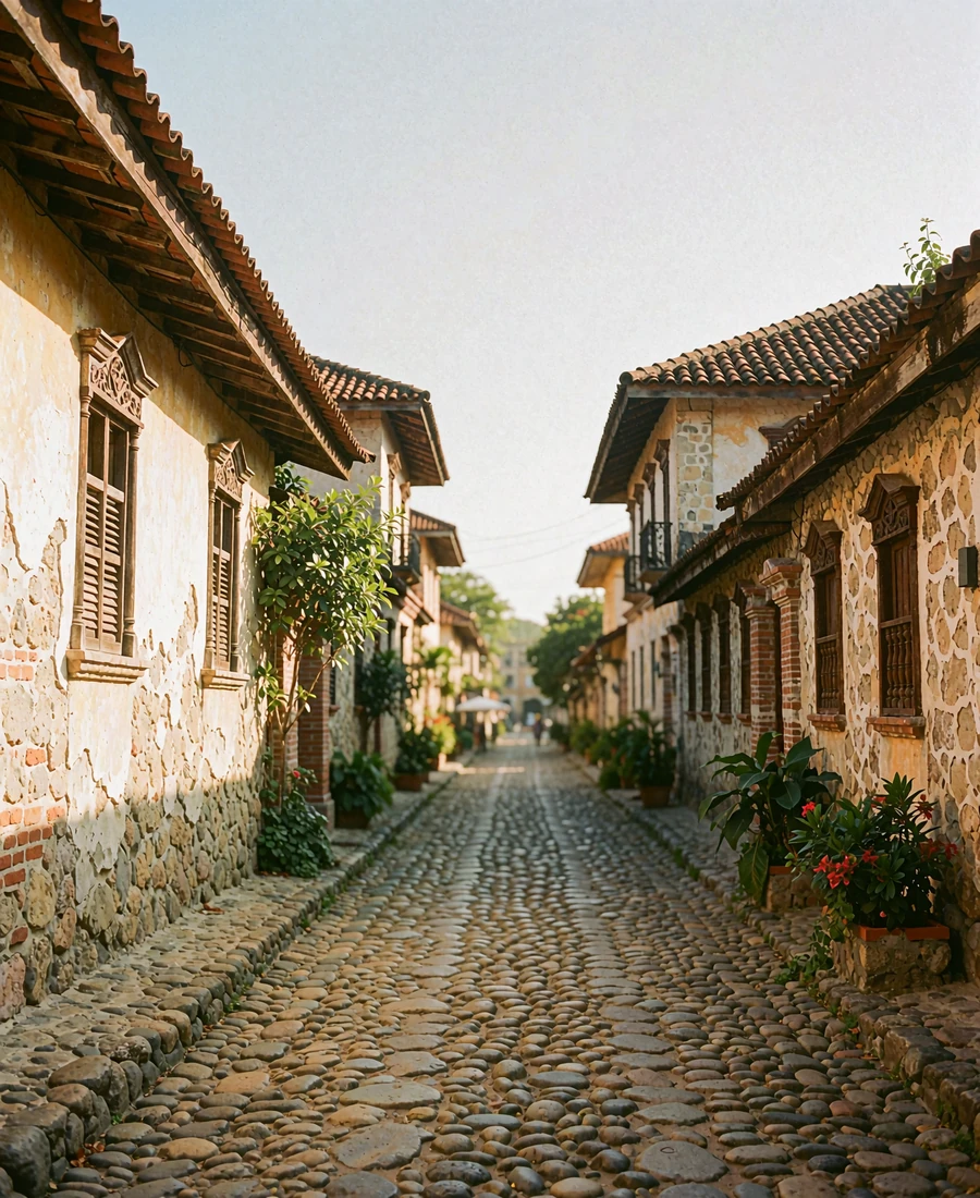 Historic cobbled heritage street with stone houses and wooden shutters in Vigan, Philippines