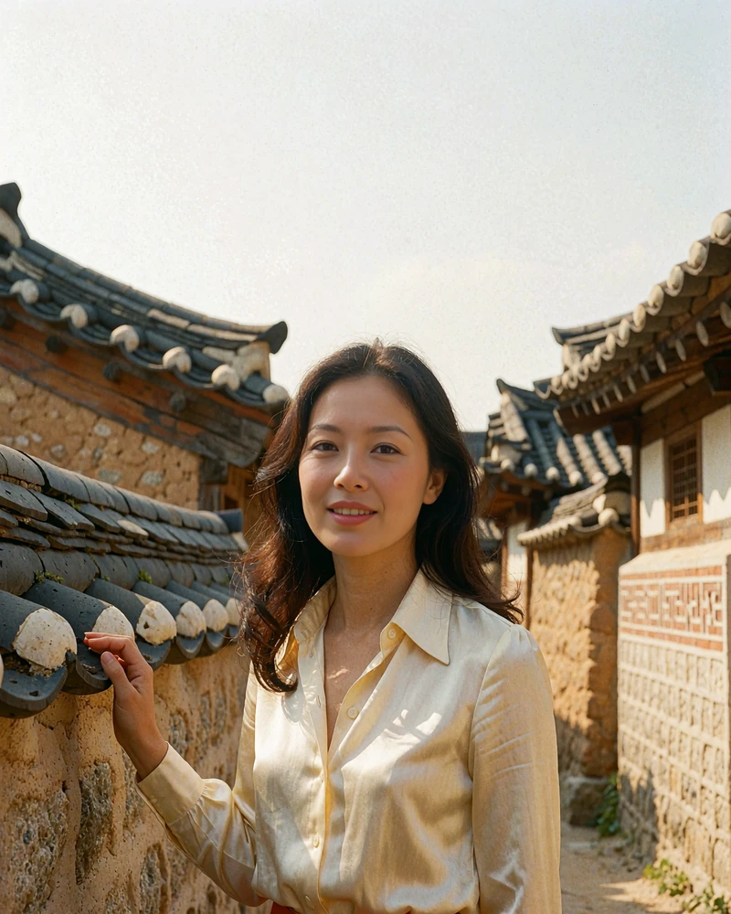 Korean woman in a cream silk blouse standing in a traditional hanok alley