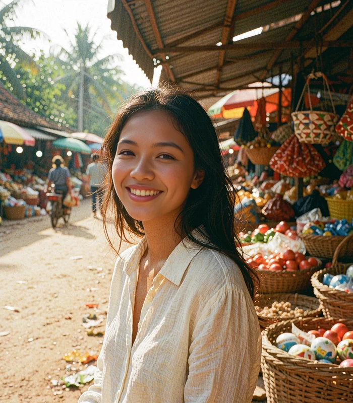 Cambodian woman in an ivory linen shirt at a softly blurred Siem Reap market street