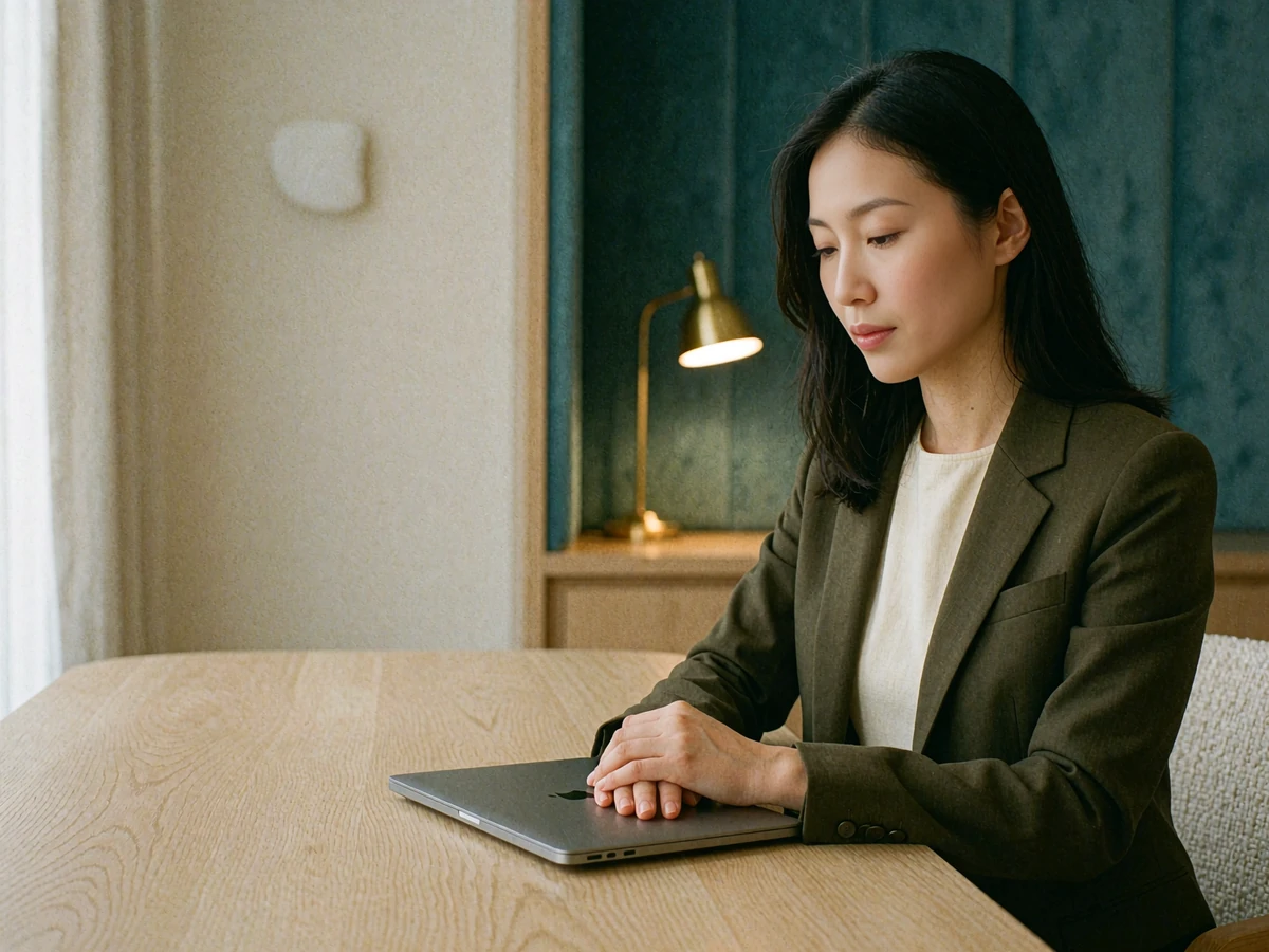 Asian woman in a deep olive blazer seated at a quiet members-club workspace