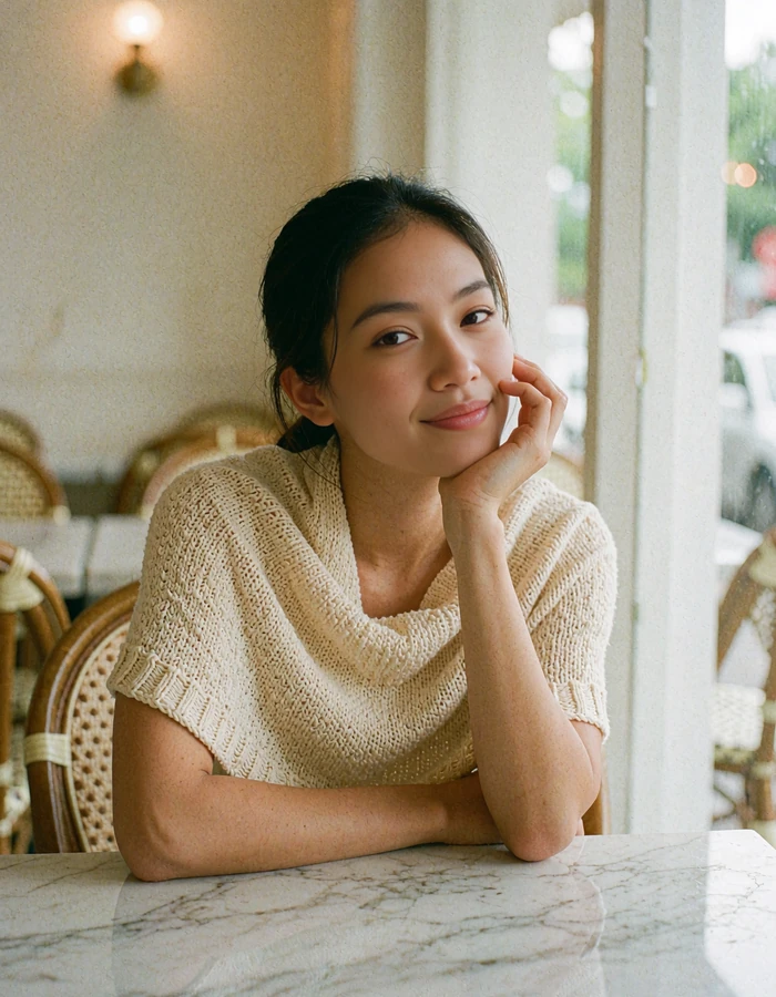 Filipina woman in a pale sand knit top seated beside a cafe window