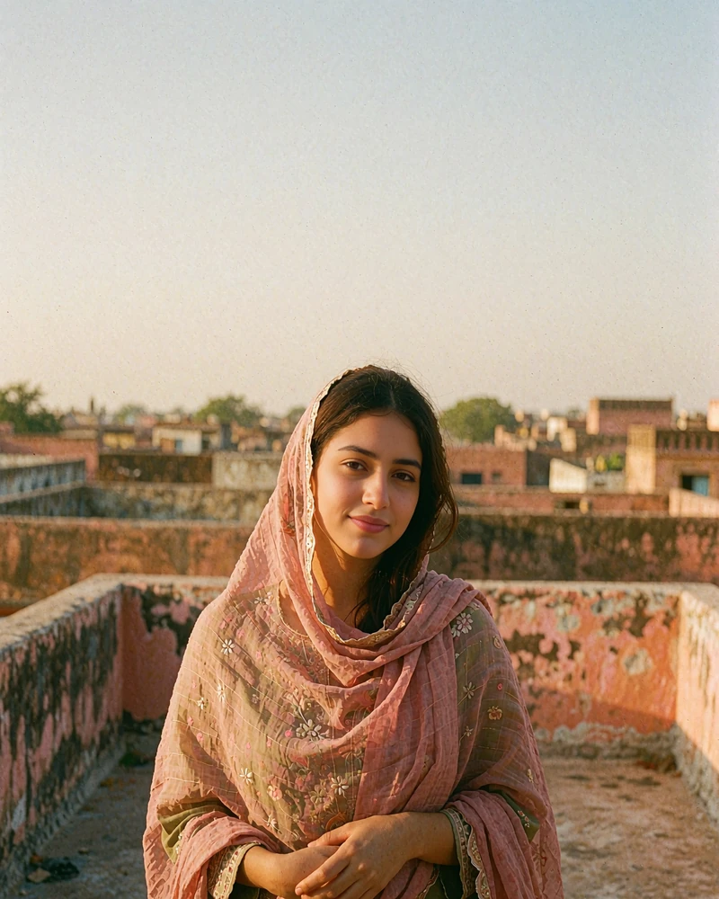 Pakistani woman in a soft rose dupatta standing on a quiet rooftop terrace at golden hour