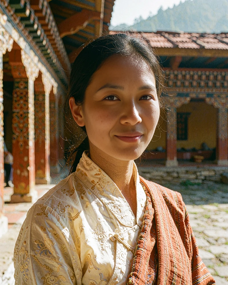 Bhutanese woman in a cream blouse and woven terracotta shoulder cloth in a monastery courtyard