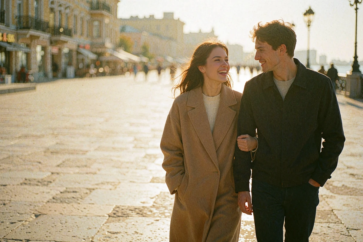 Central Asian woman and her partner laughing together during an evening walk on a sunlit promenade