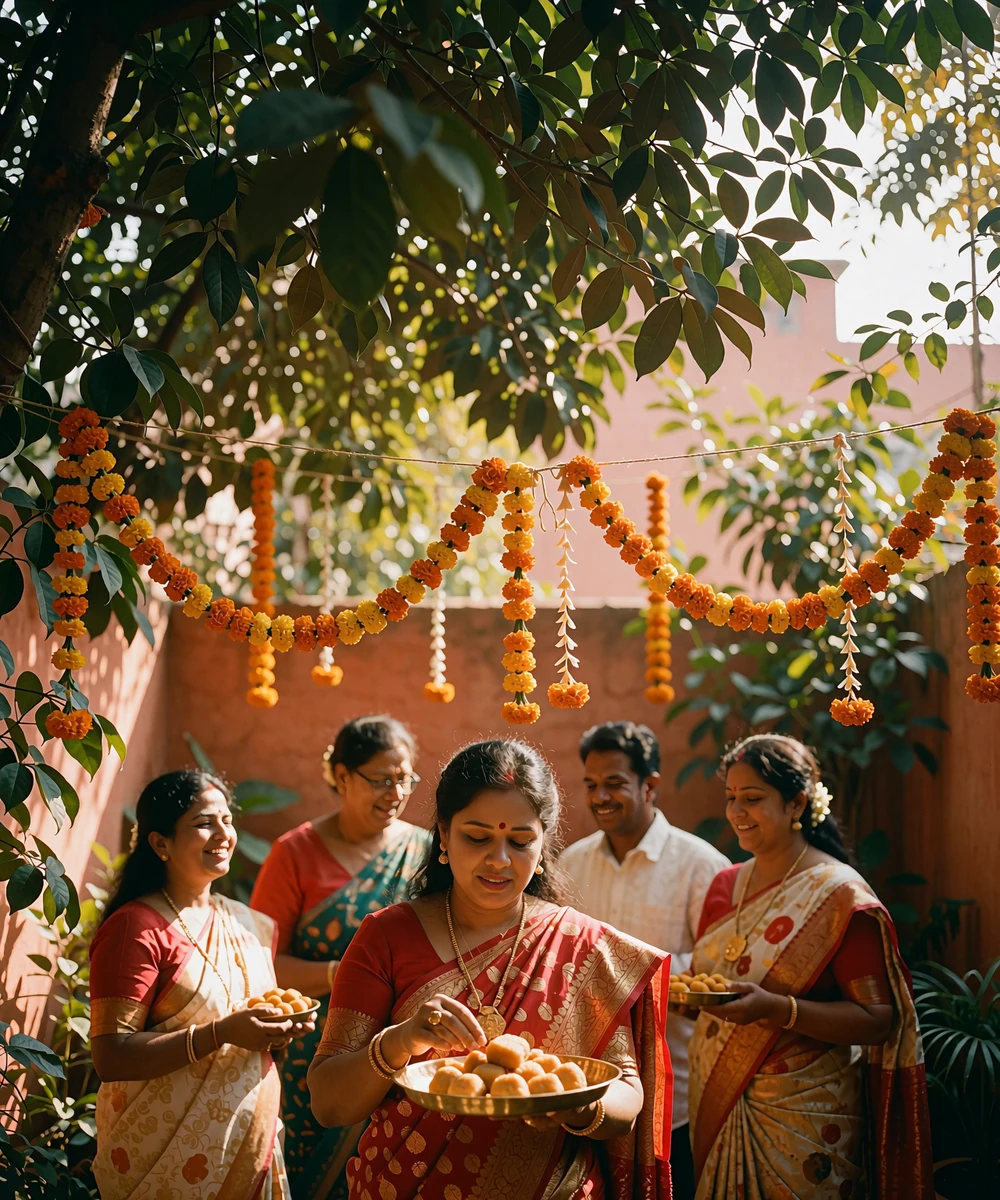 Bangladeshi woman arranging sweets during a family celebration in a leafy courtyard