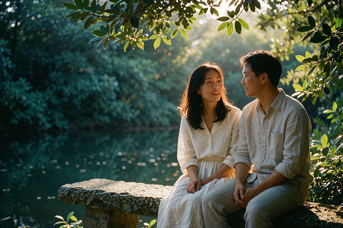 Asian couple having a relaxed conversation together in a shaded garden courtyard