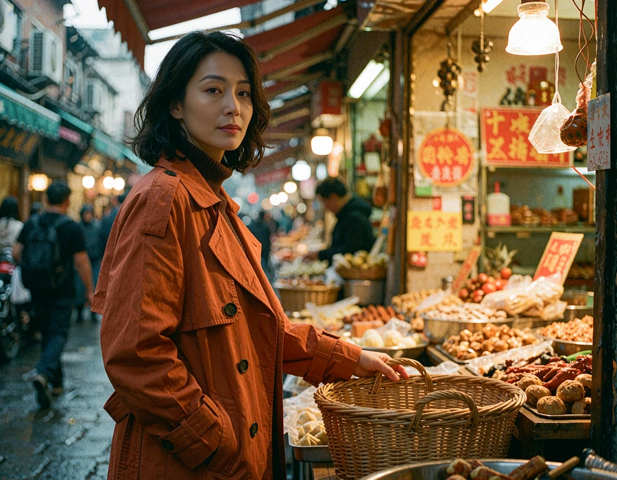Stylish Chinese woman browsing a quiet morning food street in a rust-orange coat