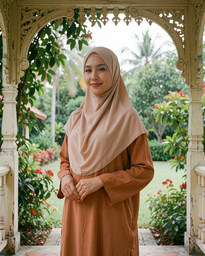 Bruneian woman in a terracotta modest dress beneath a tropical garden pavilion