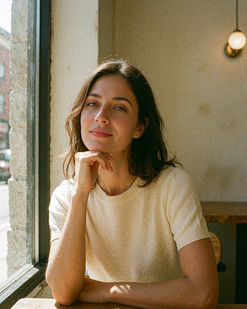 Jordanian woman in a cream knit top seated beside a warmly lit café window