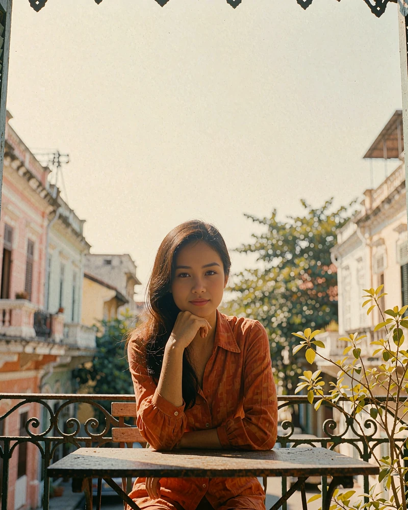 Vietnamese woman in a burnt-orange blouse at an iron café balcony table