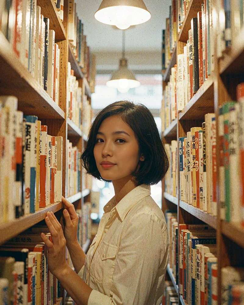 Taiwanese woman in a cream shirt smiling in a warmly lit bookshop aisle