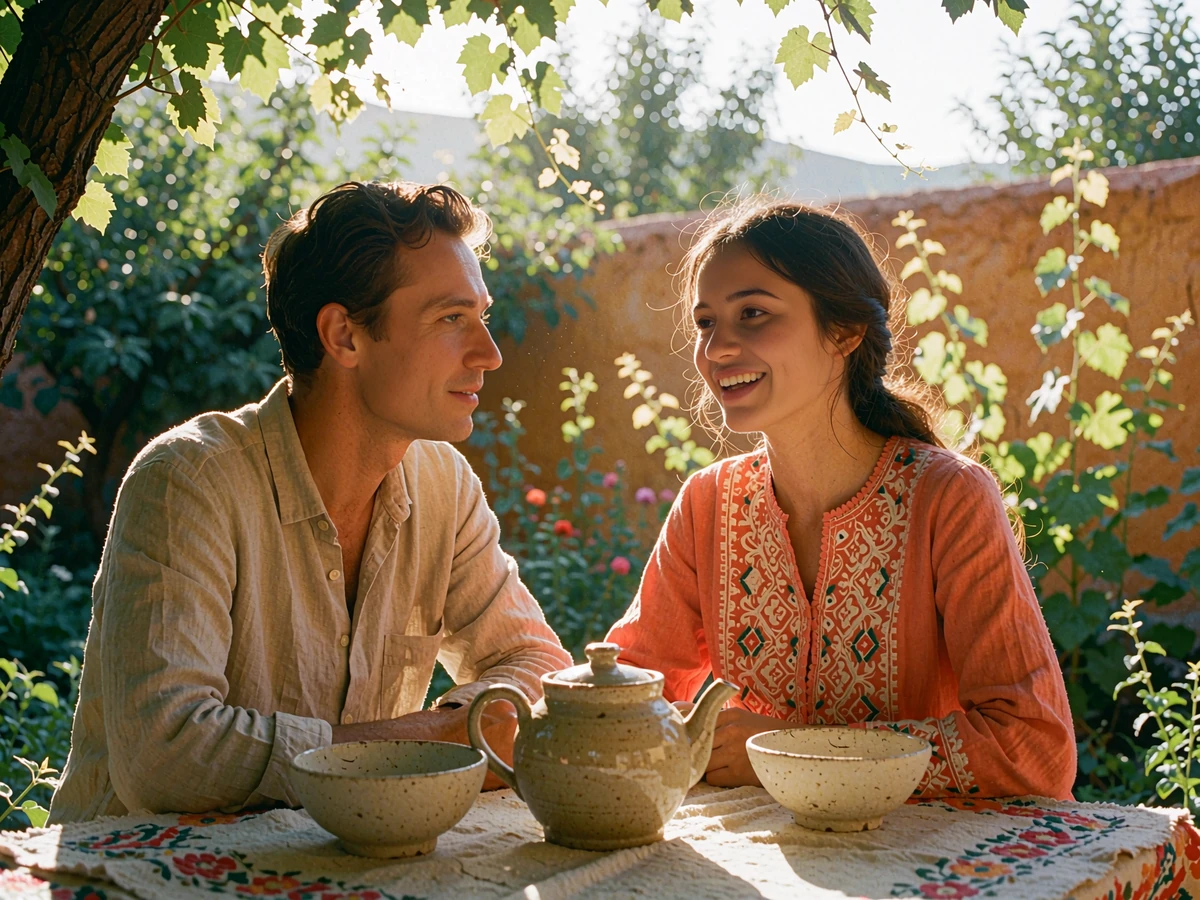 Tajik woman and Western man sharing an outdoor garden dinner at golden hour