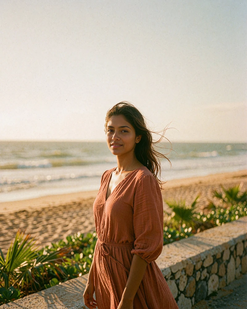 Sri Lankan woman in a rust-toned dress walking on a coastal promenade at golden hour