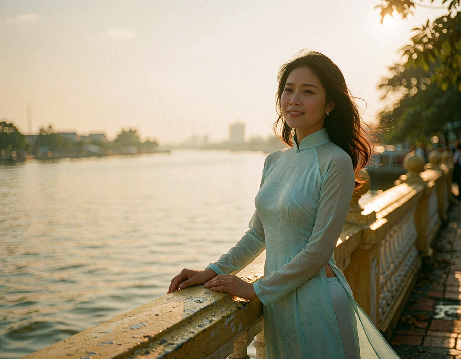 Graceful Vietnamese woman in a pale blue ao dai beside a riverside balustrade