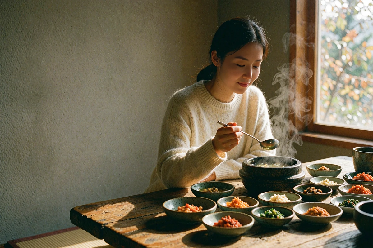 Korean woman enjoying a meal with a spoon, rice bowl, and small side dishes