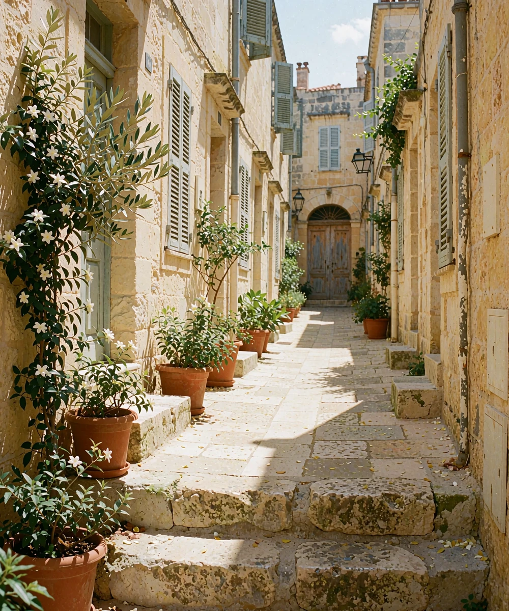 Sunlit limestone alley in Jordan with olive plants, stone steps and a weathered wooden doorway