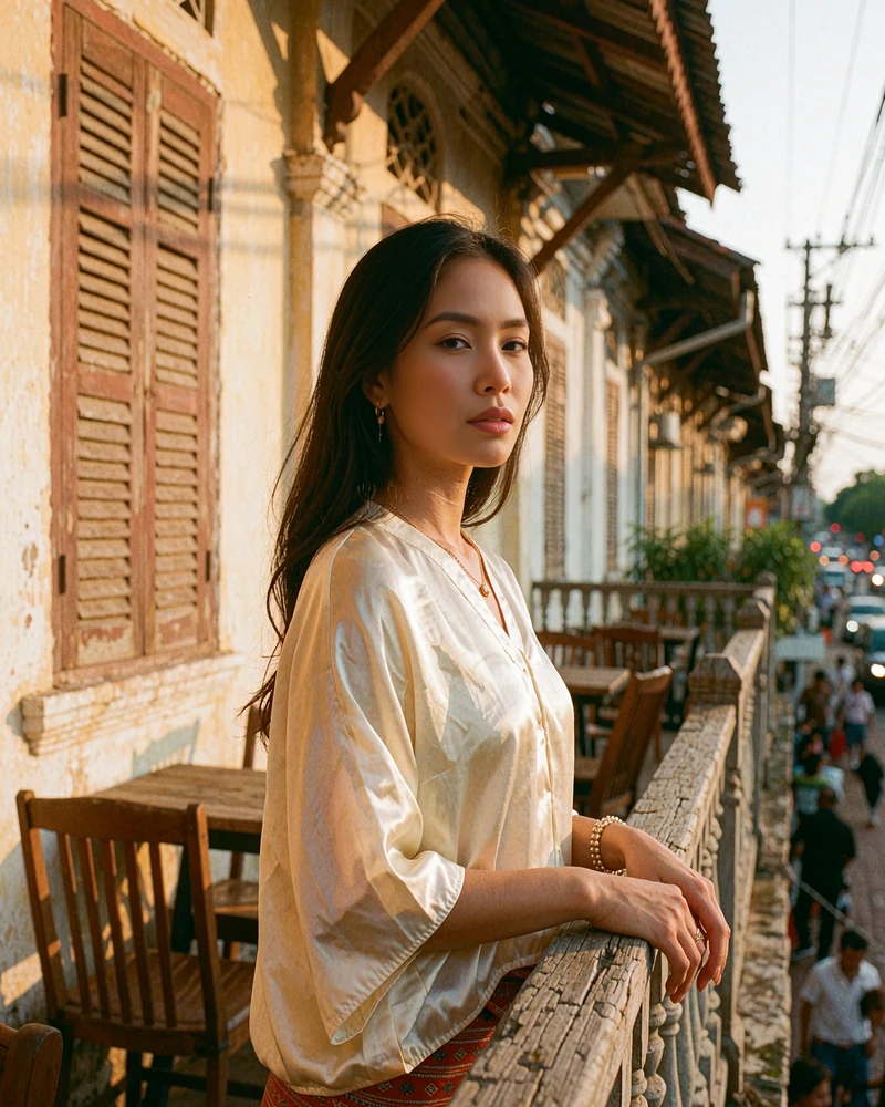Elegant Lao woman in a cream silk top on a café balcony at warm evening light