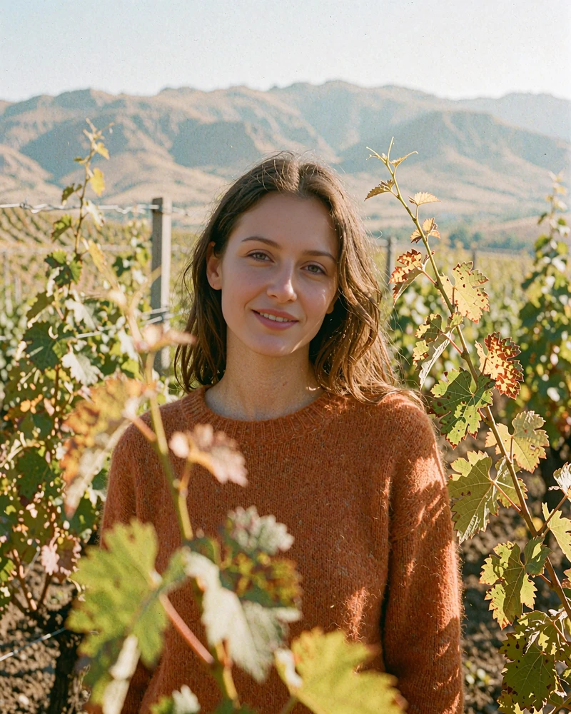 Armenian woman in a burnt-orange sweater standing among vineyard rows