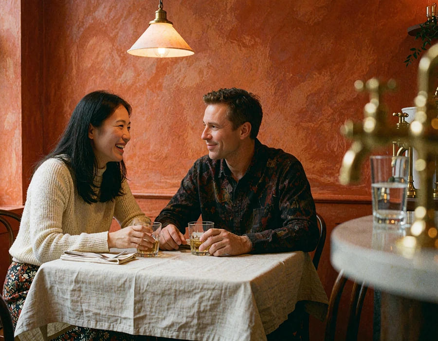 Asian woman and Western man laughing together over dinner