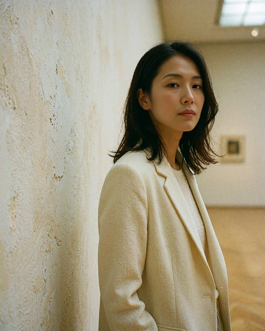 Japanese woman wearing an ivory blazer in a quiet art gallery