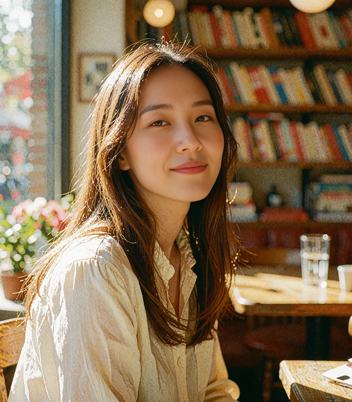 Korean-heritage woman in an ivory blouse inside a warmly lit book cafe