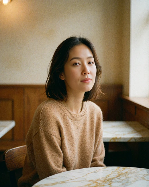 Korean woman seated at a warm wood café for a Korean dating profile