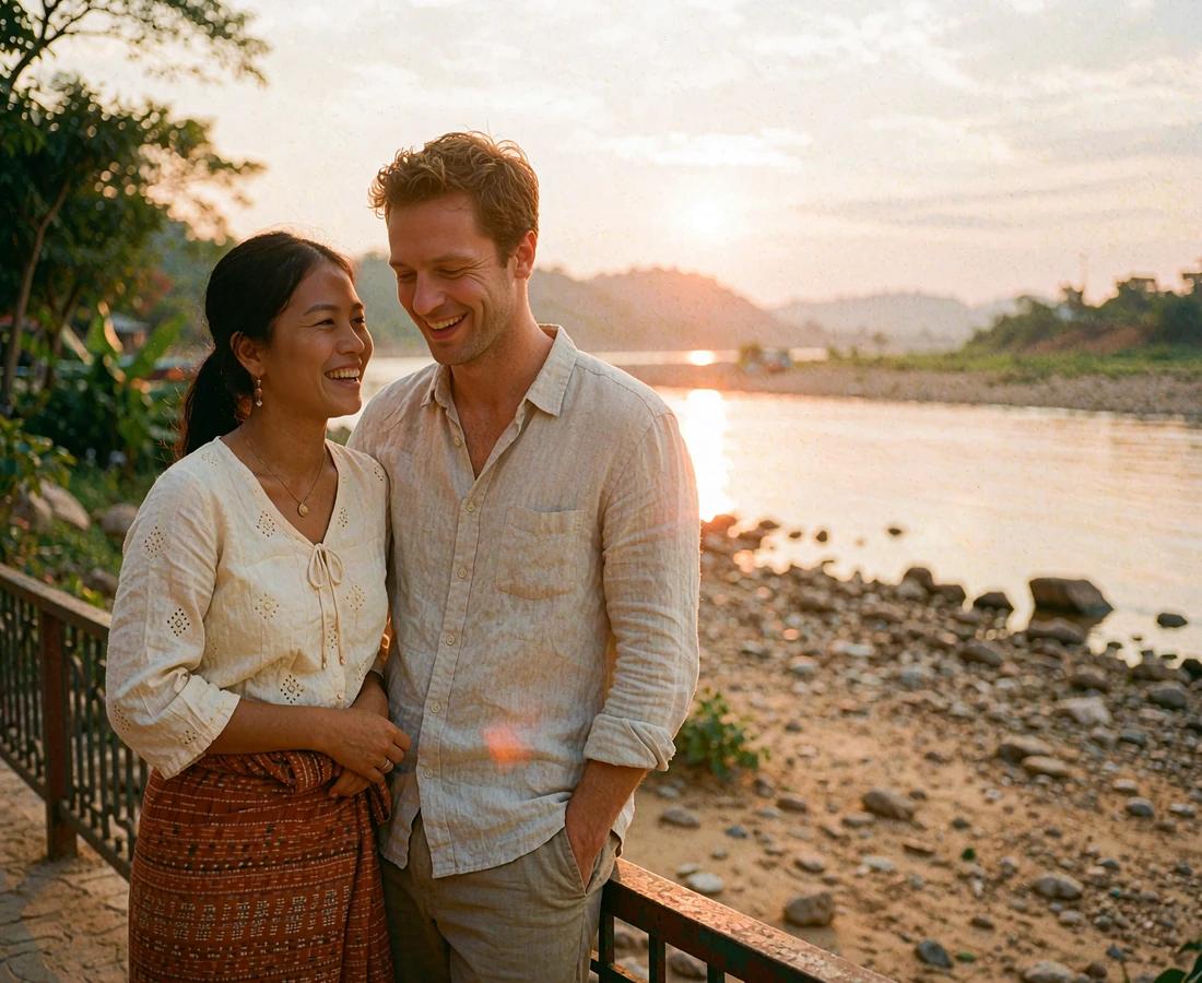 Lao woman and Western man laughing together beside a Mekong riverside railing at sunset