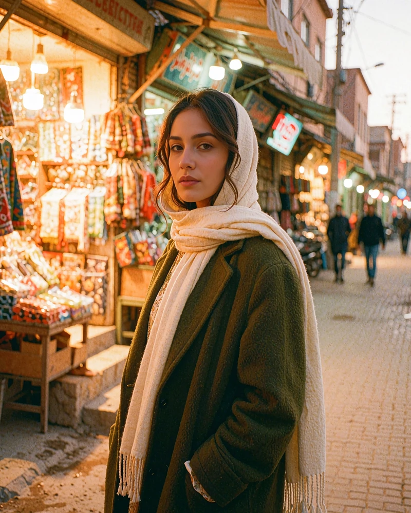 Afghan woman in an olive coat and cream scarf on a warmly lit evening street