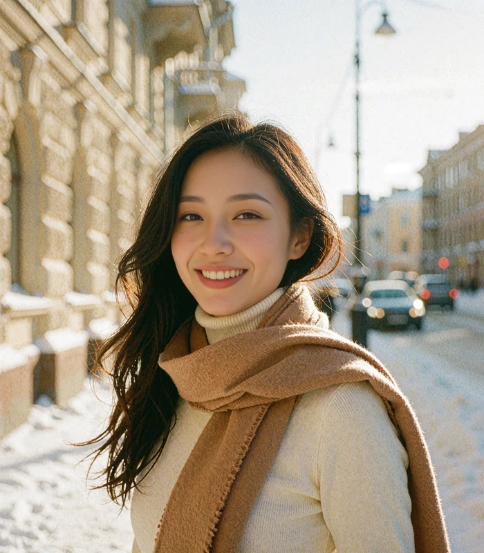 Mongolian woman in a cream turtleneck and camel scarf on a bright winter city street