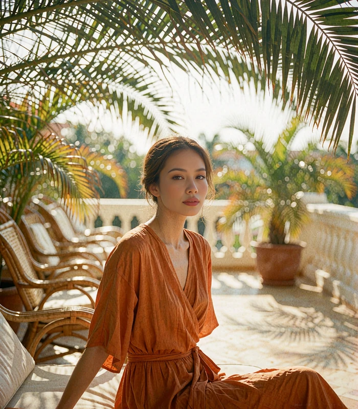 Cambodian woman in a burnt-orange wrap dress on a shaded hotel terrace