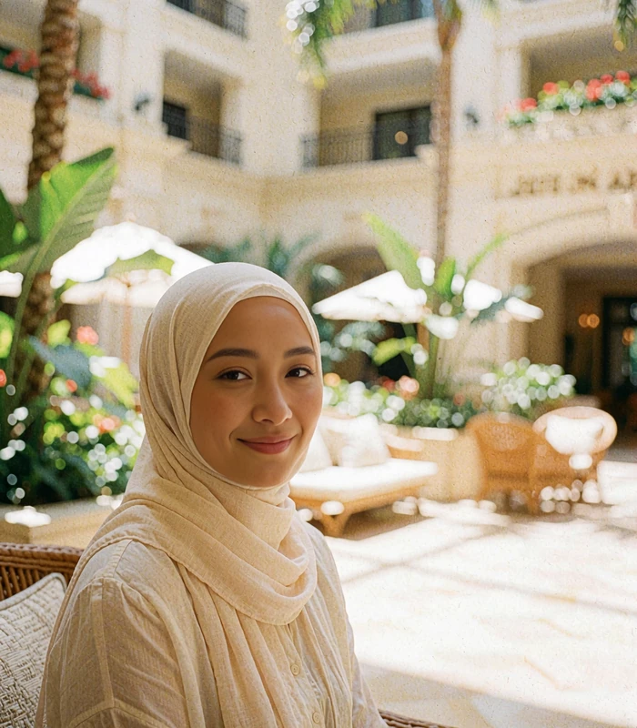 Malay Malaysian woman wearing a cream hijab in a bright hotel atrium with tropical plants