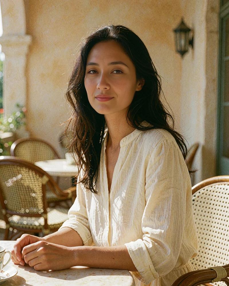 Central Asian woman in a cream blouse seated at a sunlit tea terrace