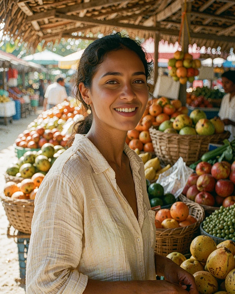 Smiling Maldivian woman in a cream shirt at an island fruit market