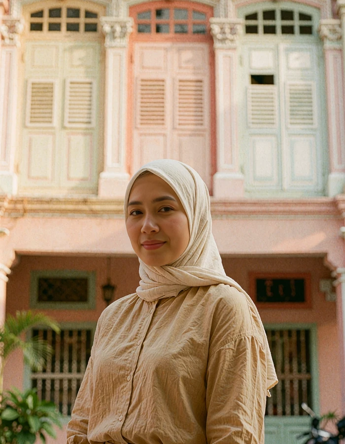 Singaporean Malay woman in a light headscarf and sand blouse before a pastel heritage shophouse