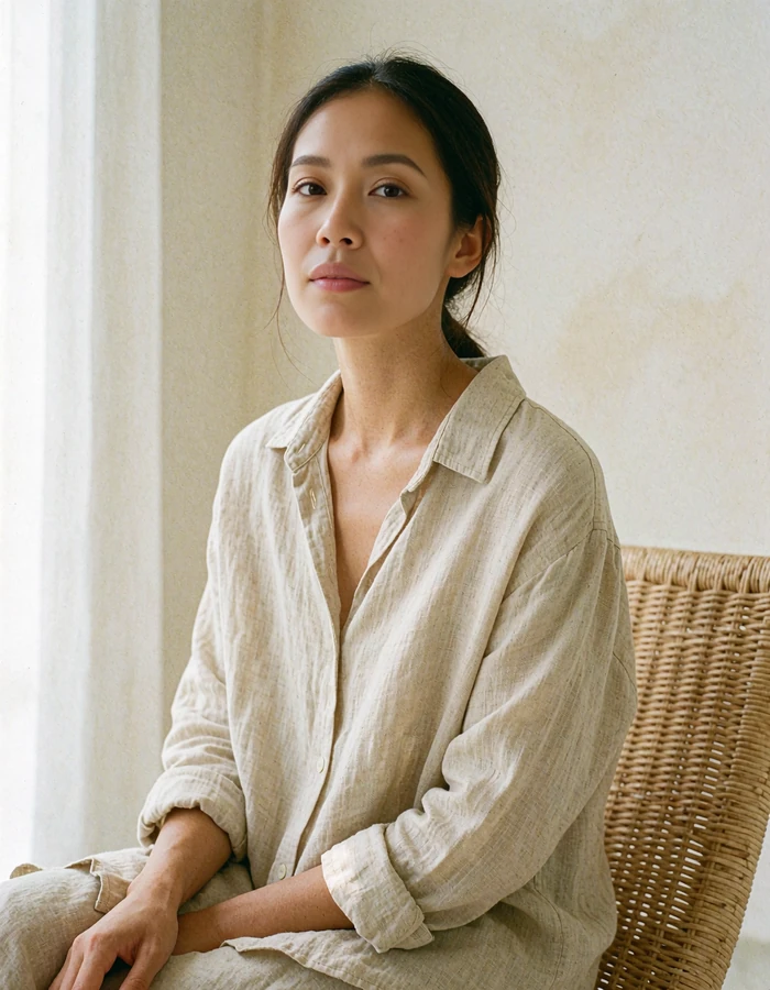 Thai woman in a sand linen shirt seated in a bright minimalist interior