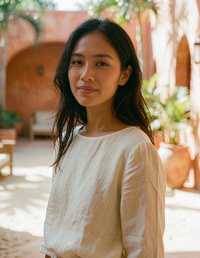 Filipina woman in a cream linen blouse smiling in a sunlit boutique hotel courtyard