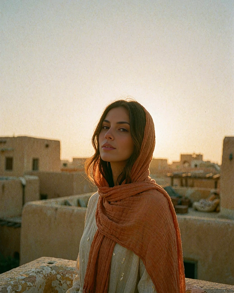 Yemeni woman in a burnt-orange scarf on a rooftop terrace at amber dusk