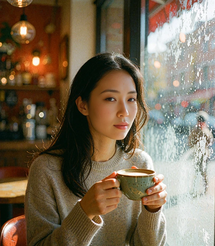 Mongolian woman in a soft beige sweater seated beside a warm cafe window