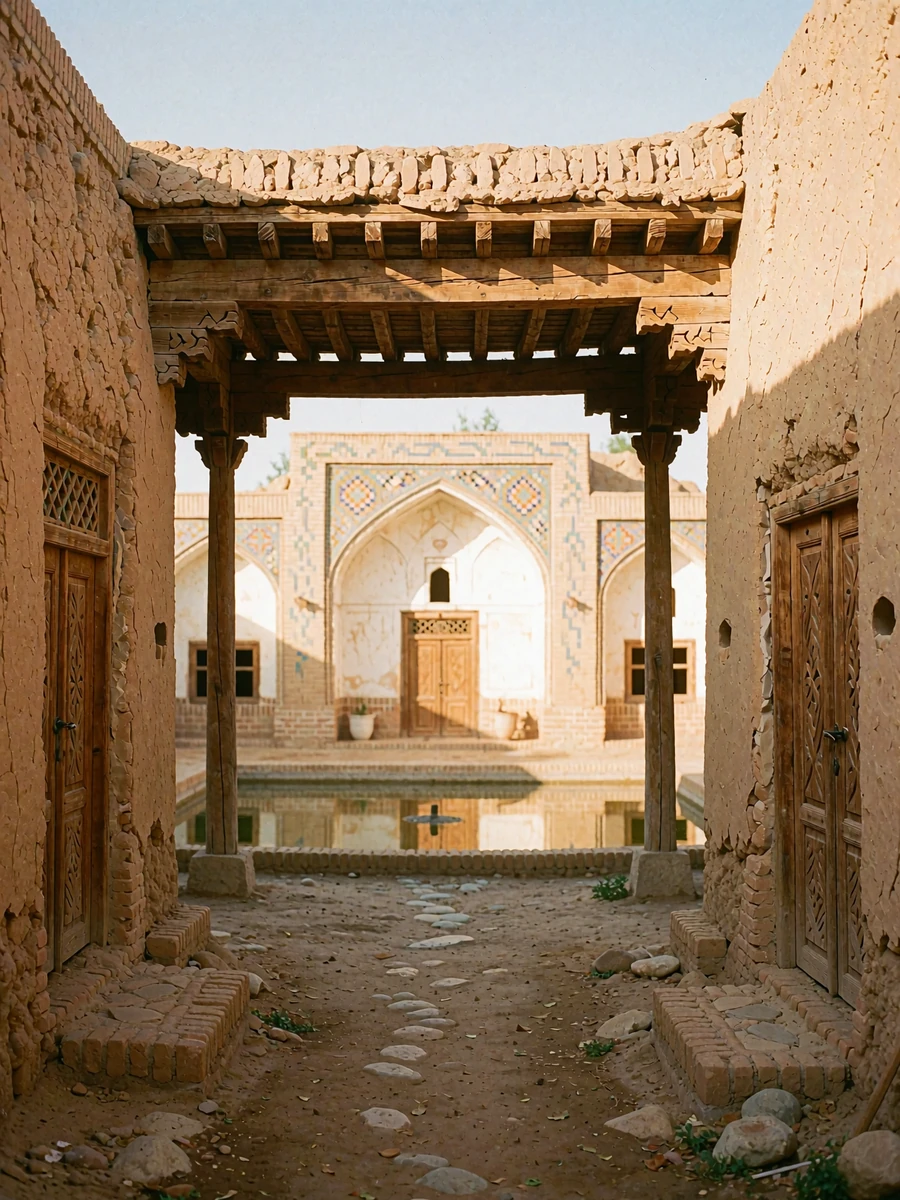 Traditional Central Asian courtyard with carved doors, a reflecting pool and sunlit clay walls