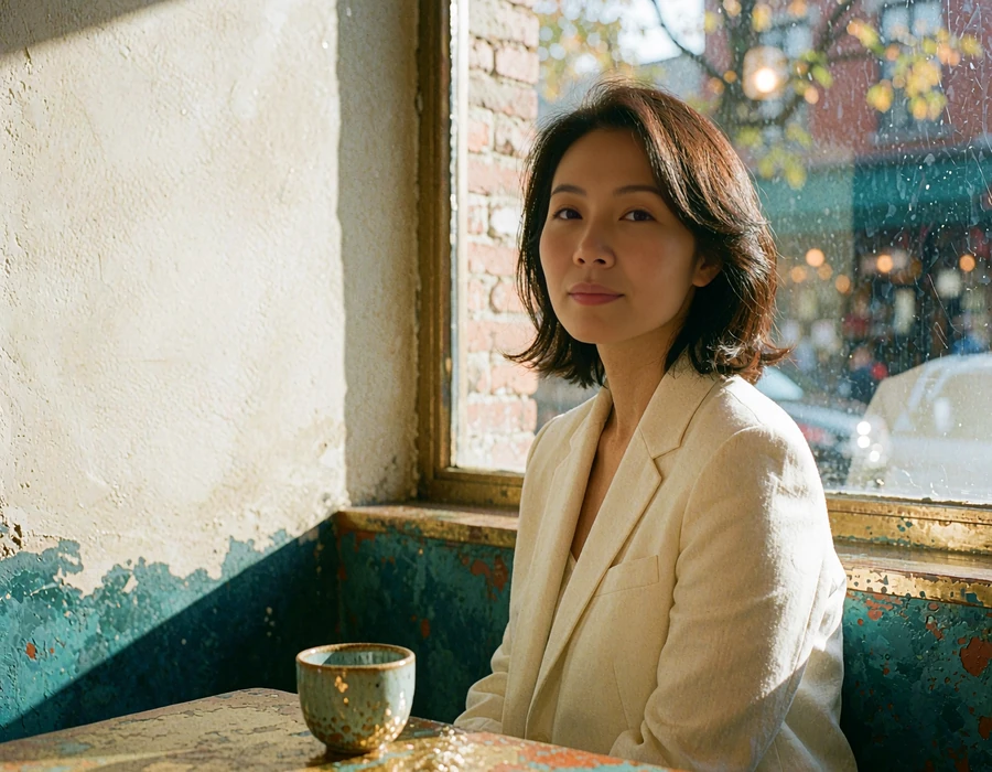 Refined Korean woman seated beside a café window with a ceramic cup