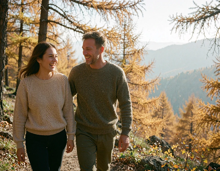 Kazakh woman and Western man walking together on a wooded mountain path near Almaty