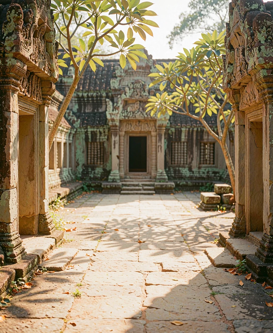 Sunlit Khmer temple courtyard with weathered sandstone walls and a shaded doorway
