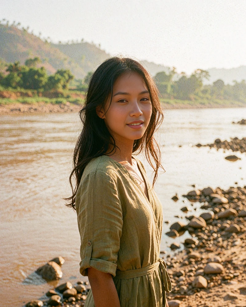 Lao woman in an olive linen dress smiling beside the Mekong riverbank