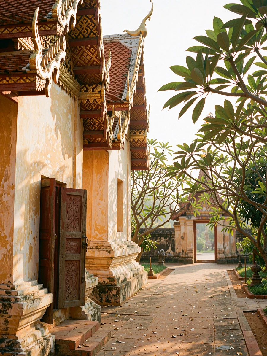 Quiet Lao Buddhist temple courtyard with a golden-tipped roof and sunlit stone path