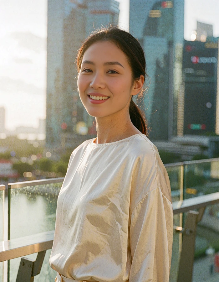Singaporean Chinese woman in a cream silk blouse on an open-air walkway with city towers behind her