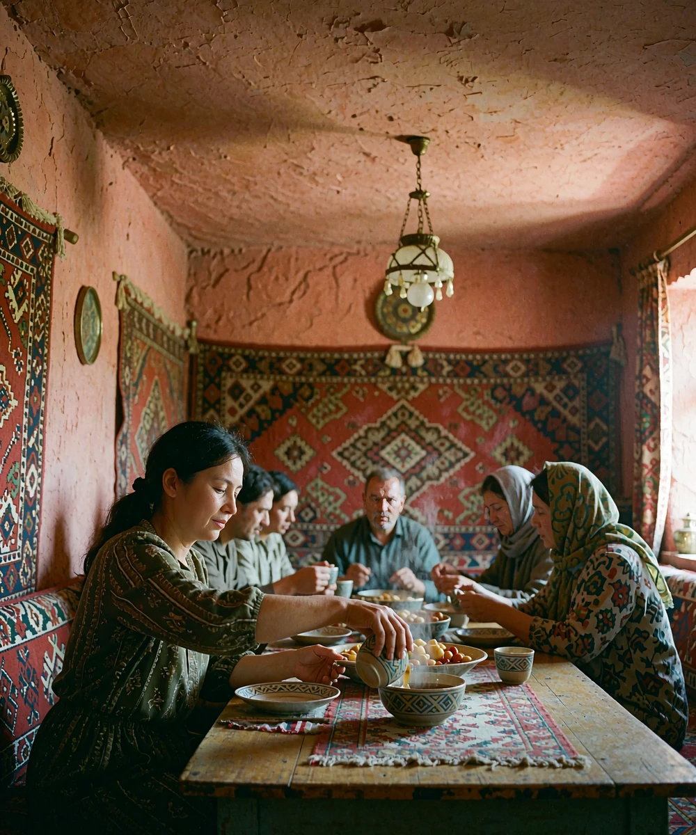 Kazakh woman pouring tea during a warm Central Asian family dinner at home